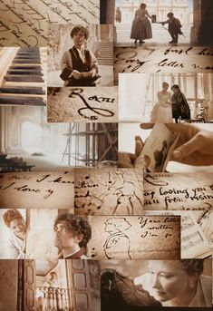 the collage shows people writing letters on paper and pictures of other people sitting around them