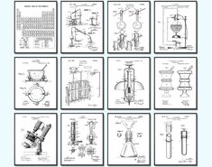 several drawings of different machines and apparatuss