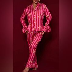 New Satin Striped Heart Pajamas W Ruffles, Front Button Up W Pocket On Shirt, Elastic Waistband 100% Polyester Great For Valentine’s Day, Sweetest Day Or Any Day Heart Pajamas, Striped Heart, Party For Adults, Striped Pajamas, Striped Pyjamas, Cotton Pajama Sets, Sweetest Day, Pajama Party, Cotton Pyjamas