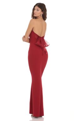 Back Bow Strapless Dress in Red | LUCY IN THE SKY Holiday Party Dress Classy, 18th Birthday Dress, Long Hoco Dresses, Rouched Dress, School Dance Dresses, Red Strapless Dress, Lucy In The Sky, Red Bridesmaid Dresses, Red Dress Maxi