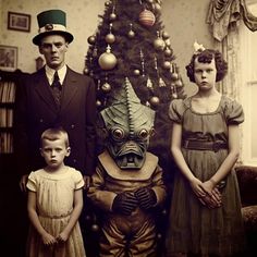 an old fashioned photo with two children and a man in a gas mask next to a christmas tree