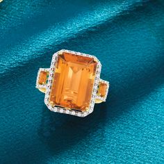 Ross-Simons - 16.20ct t. w. Madeira Citrine, .44ct t. w. Diamond Ring in 14kt Yellow Gold. Size 8. Fiery and fabulous! This ring showcases a 16.00 carat emerald-cut Madeira citrine sided by .20 ct. t. w. Madeira citrine baguettes and framed by .44 ct. t. w. round brilliant-cut diamonds in white rhodium. Crafted in polished 14kt yellow gold. 7/8" wide. Diamond and Madeira citrine ring. Citrine birthstones are the perfect gift for November birthdays. Citrine Birthstone, Eco Brand, November Birthday, Yellow Gold Jewelry, Citrine Ring, Round Brilliant Cut Diamond, Yellow Gold Rings, Emerald Cut, Round Brilliant