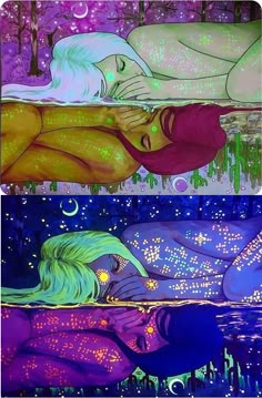 three different colored images of two women laying on the ground with stars in their hair