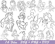 the disney princess silhouettes are drawn in black and white, with text that reads 16 styles