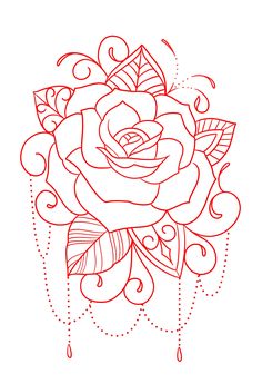 a drawing of a rose with leaves on it's side and drops of water coming from the petals