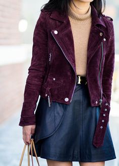 Nyc Morning, Leather A Line Skirt, Ultimate Capsule Wardrobe, Eggplant Color, Suede Moto Jacket, Edgy Chic, Purple Jacket, Faux Leather Moto Jacket, Cool Jackets