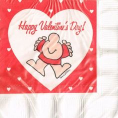 a red and white valentine's day napkin with an image of a cartoon character on it