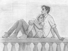 a pencil drawing of two people sitting on a bench