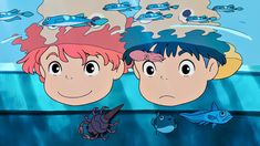 two children looking at fish in an aquarium with bubbles and water around them, one boy has pink hair and the other is blue