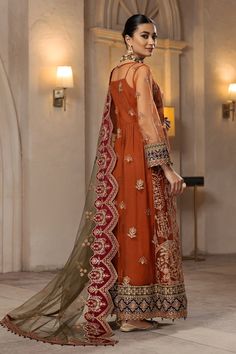 Embroidered Net Front Embroidered Net BackEmbroidered Net SleevesEmbroidered Front + Back Patch (3)Embroidered Net DupattaEmbroidered Dupatta Patch (2)Embroidered Sleeves Patch (3) Dyed Raw Silk Trouser Model Size: Angrakha:Shirt Length : 36Trouser Length : 39Open: Shirt Length : 55Trouser Length : 37 Casual Bridal Dress, Cloth Collection, Party Wears, Pakistani Dresses Online, Embroidery Motif, Dress Design Ideas, Dress Styling, Velvet Dress Designs, Fancy Casual