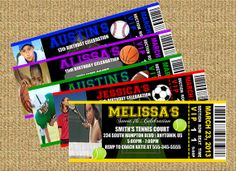 three colorful sports ticket cards on burlock with basketball, tennis ball and softball