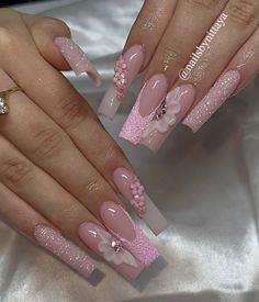 Kawaii Spring, Quince Nails, Quinceanera Nails, Cute Acrylic Nail Designs, Acrylic Nails Coffin Pink, Long Square Acrylic Nails, Unique Acrylic Nails, Nails Spring, White Nail