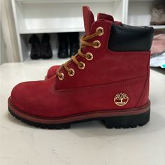 Brand New, Never Worn Red Timberland Boots. They Are A Size 5 In Boys Which Also Fit A Size 7 For Women. Red Timberland Boots Women, Red Boots With Round Toe For Winter, Red Winter Boots With Round Toe, Red Leather Timberland Boots, Red Round Toe Boots For Winter, Red Timberland Boots With Round Toe, Outdoor Boots With Red Sole And Round Toe, Red Outdoor Boots With Red Sole, Casual Boots With Red Sole And Round Toe