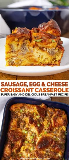 sausage, egg and cheese casserole recipe on a plate with the title above it