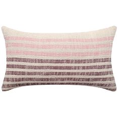 a pink and white striped pillow on a white background