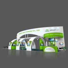 an exhibition stand with green and white graphics on the front, side and back sides