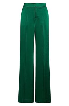 Vertical piping elongates the legs of these high-waist pants crafted from luxe satin and punctuated with wide hems for a flawless silhouette. 34 1/2" inseam; 27" leg opening; 12" front rise; 16" back rise (size 8) Zip fly with hook-and-bar closure 75% triacetate, 25% polyester Dry clean Imported Elegant Green Satin Bottoms, Luxury High-waisted Green Pants, Green Silk Wide-leg Bottoms, Luxury Green Wide-leg Pants, Luxury Green Ankle-length Pants, Alice Olivia, Forest Green, High Waisted Pants, Wide Leg Pants