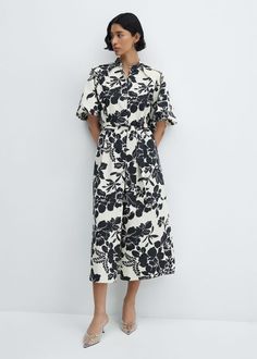 Floral puffed sleeves dress -  Women | Mango USA Mango Women, Midi Design, Summer Wishlist, Long Knitted Dress, Flower Print Dress, Printed Long Dresses, Ribbed Knit Dress, Suede Dress, Sleeves Dress