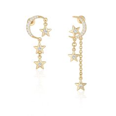 PRICES MAY VARY. 【PREMIUM MATERIAL】The moon earrings are made of high-quality environmentally-friendly brass, lead-free, nickel-free, and chromium-free, and the outer layer is electroplated with 16K real gold, which is suitable for all kinds of sensitive skin. 【YOU WILL LIKE IT】The asymmetric star earrings measure 0.47" wide, with a minimum height of 1.2" and a maximum height of 1.8", a pair of earrings weighs 3.4grams/ 0.12 oz. Which can be easily worn on any occasion. And the dangle earrings a Star Dangle Earrings, Moon And Star Earrings, Asymmetrical Earrings, Gold Dangle Earrings, Sparkle Earrings, Celestial Jewelry, Moon Star, Pretty Gift, Moon Earrings