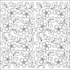 an intricately designed quilt with leaves and swirls in black on a white background