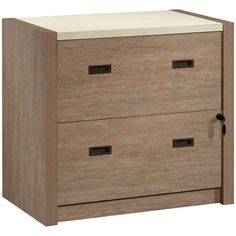 a wooden cabinet with two drawers on one side and an open drawer on the other