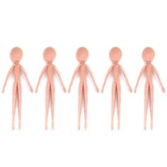 five small dolls are lined up in a row on a white background, with one standing out from the crowd