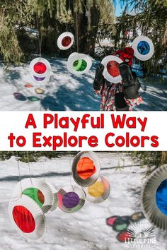 paper plates are hanging in the snow with text overlay that reads a playful way to explore colors