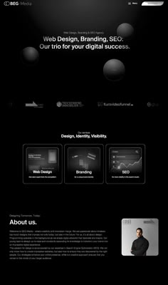 an image of a website page with black and white colors, including the words web design, branding, etc cut into your digital success