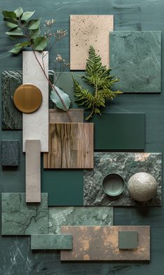 an arrangement of green, brown and white tiles with plants in vases on top