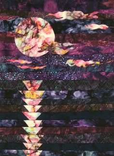 an abstract painting with many different colors and shapes on it's sides, including the moon