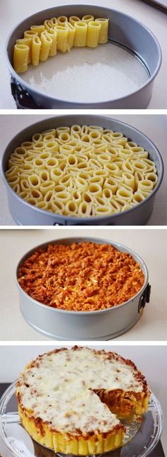 four different types of pasta in pans and one with cheese on top, the other with macaroni and cheese