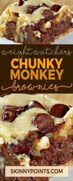 chocolate chippy monkey brownies are stacked on top of each other with the title above it