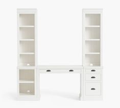 a white desk and bookcase against a white background