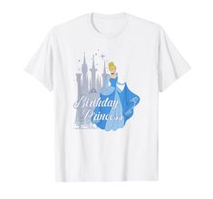 a white shirt with an image of a princess in front of a castle and the words birthday