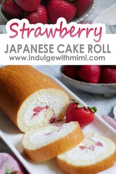 strawberry cake roll with two slices cut open with strawberries in the back. Desserts Japonais, Swiss Cake, Japanese Cake, Cake Roll Recipes, Japanese Dessert, Roll Cake, Asian Desserts, Angel Food Cake