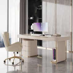 a desk with a computer on it and a chair next to it in front of a window