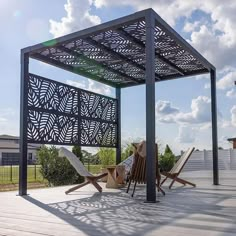 an outdoor area with chairs and a pergolated structure on the roof top deck