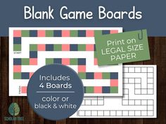 blank game boards with the words print on legal size paper and color or black & white