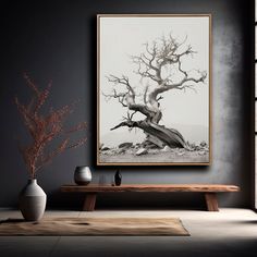 a black and white photo hanging on the wall next to a table with vases