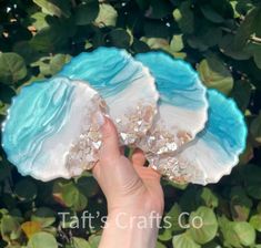 two blue and white seashells are held up in front of some green leaves