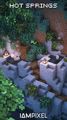 Minecraft Cave House Exterior, Minecraft Dam Ideas, Minecraft Ravine Build, Minecraft Staircase Design Outside, Well Design Minecraft, Cliff Minecraft House, Hot Spring Minecraft, Minecraft Ground Design, Minecraft Survival Building Ideas