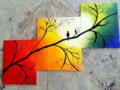 three paintings of birds perched on branches in front of a colorful sunset and tree with no leaves