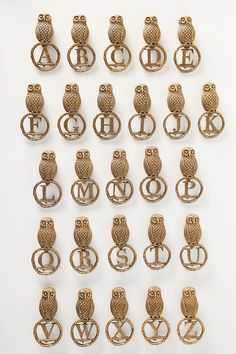 an assortment of bronze owl brooches with monogrammed letters and numbers on them