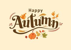 happy autumn lettering with leaves and acorns on the bottom, in brown colors