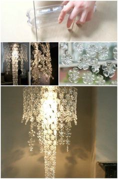 several different pictures of the inside of a room with glass chandelier hanging from it's ceiling