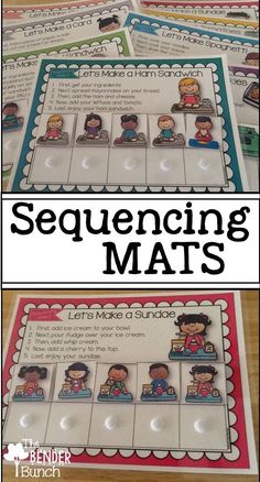 some sort of math task cards with the words sequence and matching mats on them to help students