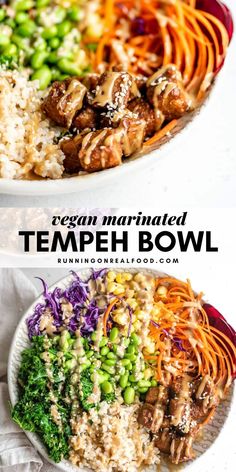 two plates filled with different types of food and the words vegan marinated tempeh bowl