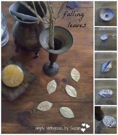 several pictures of different things that are being made with silver leaf shapes and metal leaves