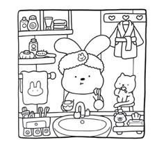 a black and white drawing of a girl in the bathroom with her teddy bear on the sink