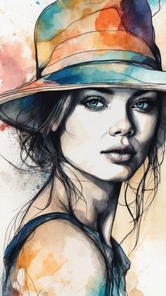 a painting of a woman wearing a hat with watercolor splashs on the background